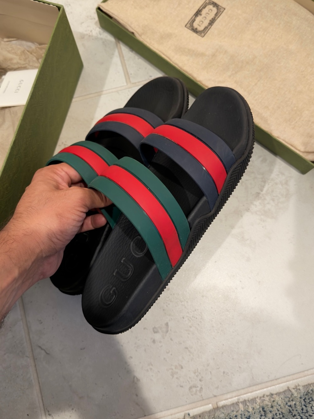 Gucci Black Slides with Red and Green Striped Bands - Picture 2 of 7